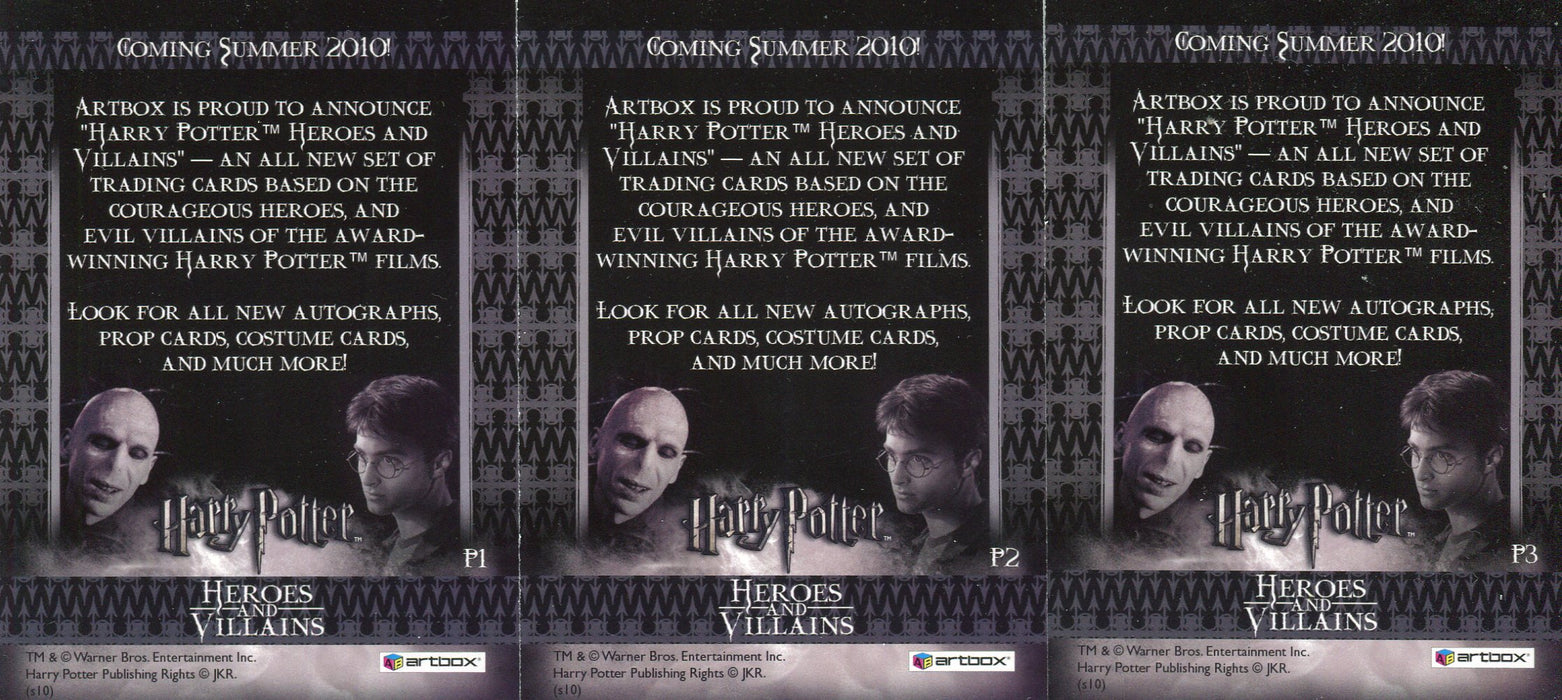 Harry Potter Heroes & Villains Promo Card Set 3 Cards P1 P2 P3 Artbox 2010 - TvMovieCards.com