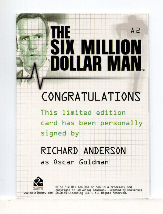 Six Million Dollar Man 1 & 2 Richard Anderson Oscar Goldman Autograph Card A2 - TvMovieCards.com