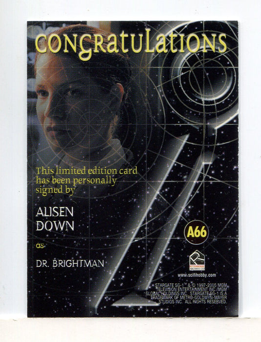 Stargate SG-1 Season Eight Alisen Down as Dr. Brightman Autograph Card A66 - TvMovieCards.com