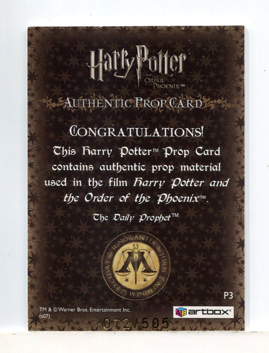 Harry Potter Order Phoenix Update Daily Prophet Prop Card P3 HP #072/505 - TvMovieCards.com