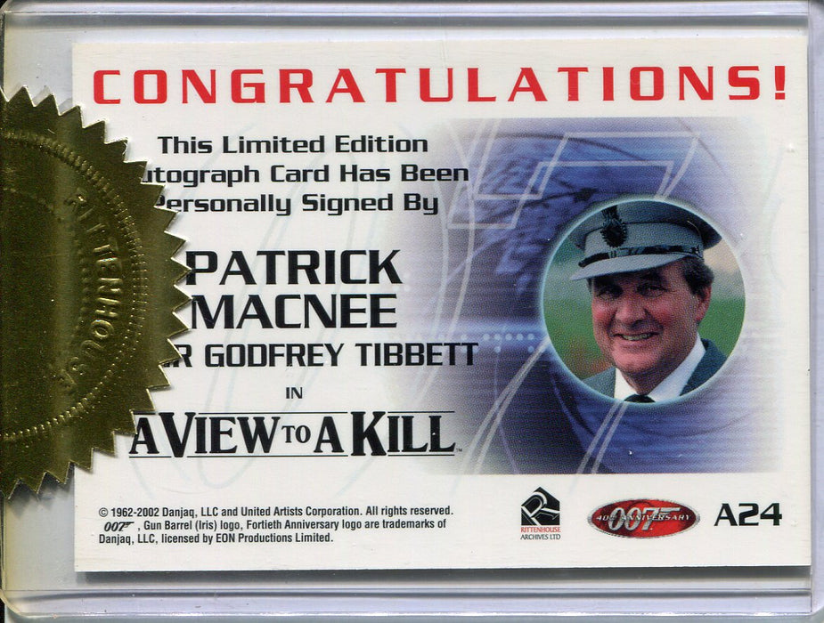 James Bond 40th Anniversary Patrick Macnee Autograph Card A24 Blue Ink - TvMovieCards.com