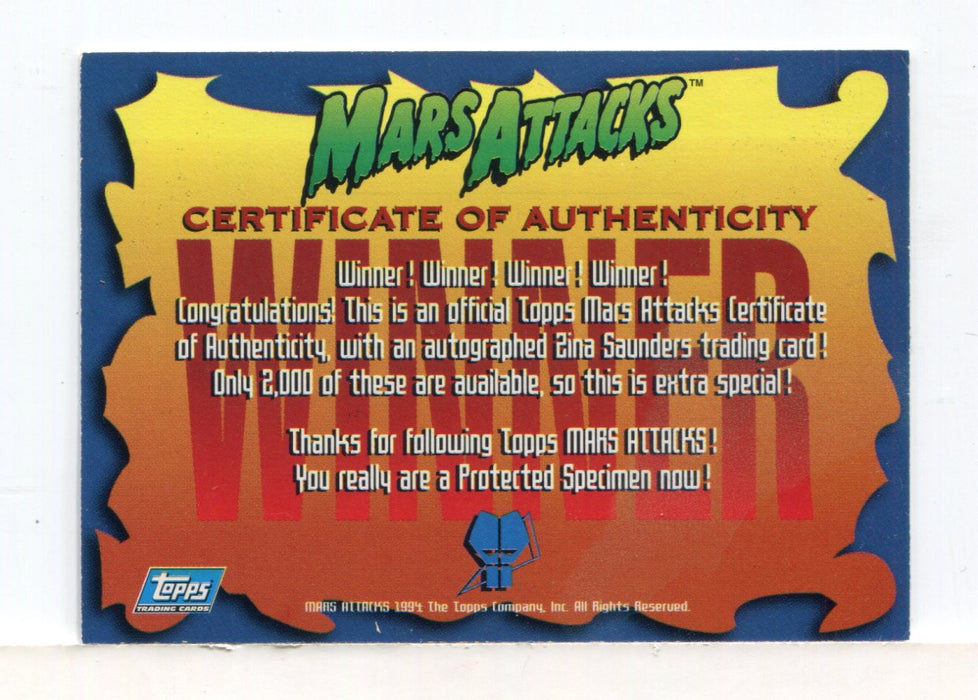 Mars Attacks Archives 1994 Winner Certificate of Authenticity Card - TvMovieCards.com