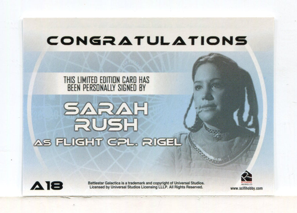 Battlestar Galactica Colonial Warriors Sarah Rush Autograph Card A18 - TvMovieCards.com