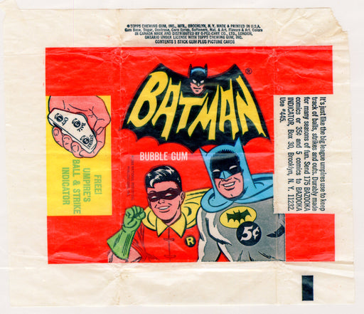 Batman 1966 Topps Vintage 5 Cent Bubble Gum Card Wrapper Umpire Indicator Ad - TvMovieCards.com