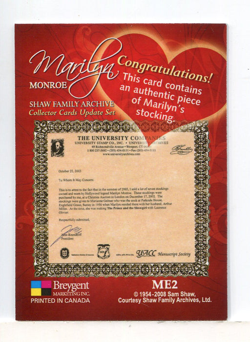 Marilyn Monroe Shaw Family Archive Marilyn's Stockings Costume Card ME2 - TvMovieCards.com