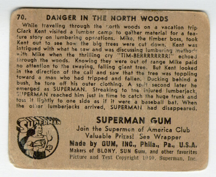 1940 R145 Gum Inc Superman Trading Card - #70 Danger North Woods
