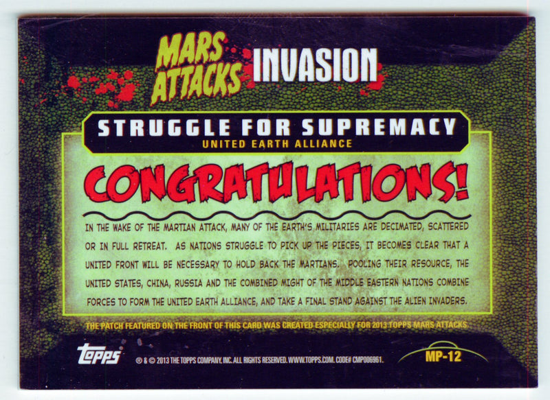 2013 Mars Attacks Invasion Patch Relic Trading Card MP-12 Topps - TvMovieCards.com