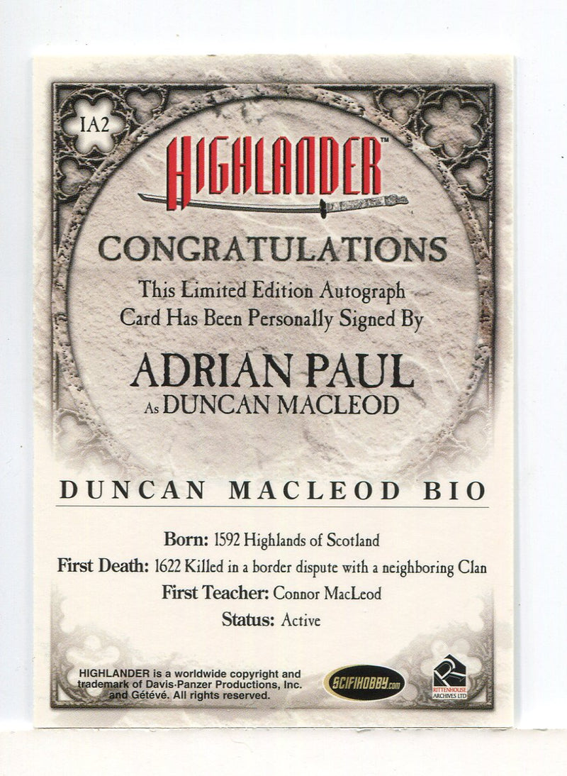 Highlander Adrian Paul as Duncan MacLeod Expansion Autograph Card IA2 - TvMovieCards.com