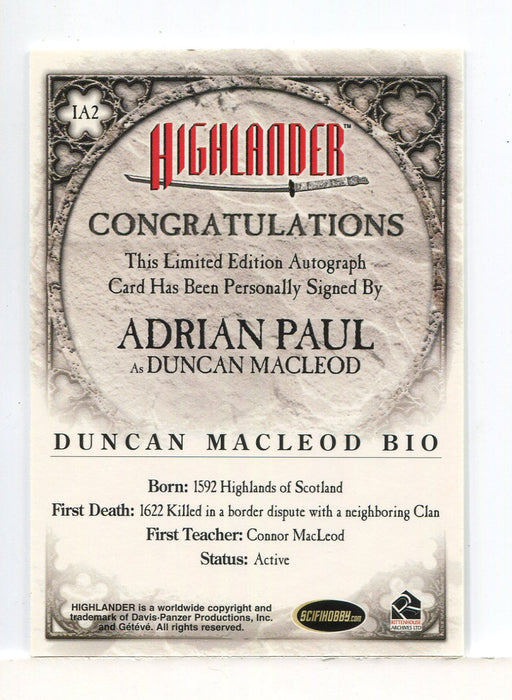 Highlander Adrian Paul as Duncan MacLeod Expansion Autograph Card IA2 - TvMovieCards.com