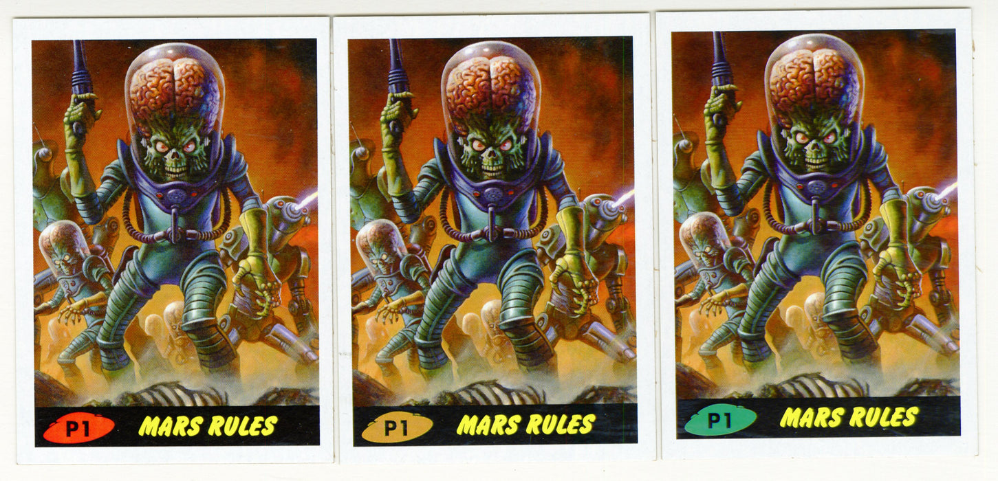2015 Mars Attacks Occupation Green / Gold / Red Promo Trading Card P1 Lot of 3 Topps