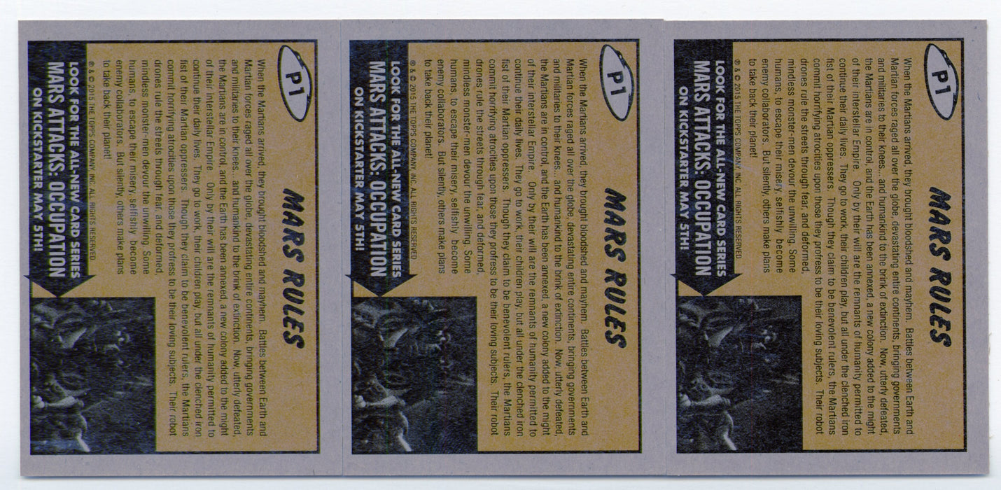 2015 Mars Attacks Occupation Green / Gold / Red Promo Trading Card P1 Lot of 3 Topps