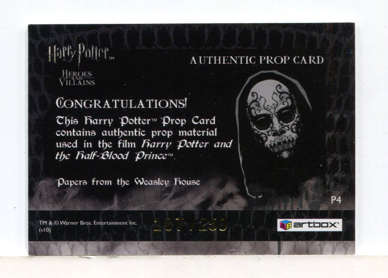 Harry Potter Heroes & Villains Weasley House Papers Prop Card P4 HP #187/250 - TvMovieCards.com