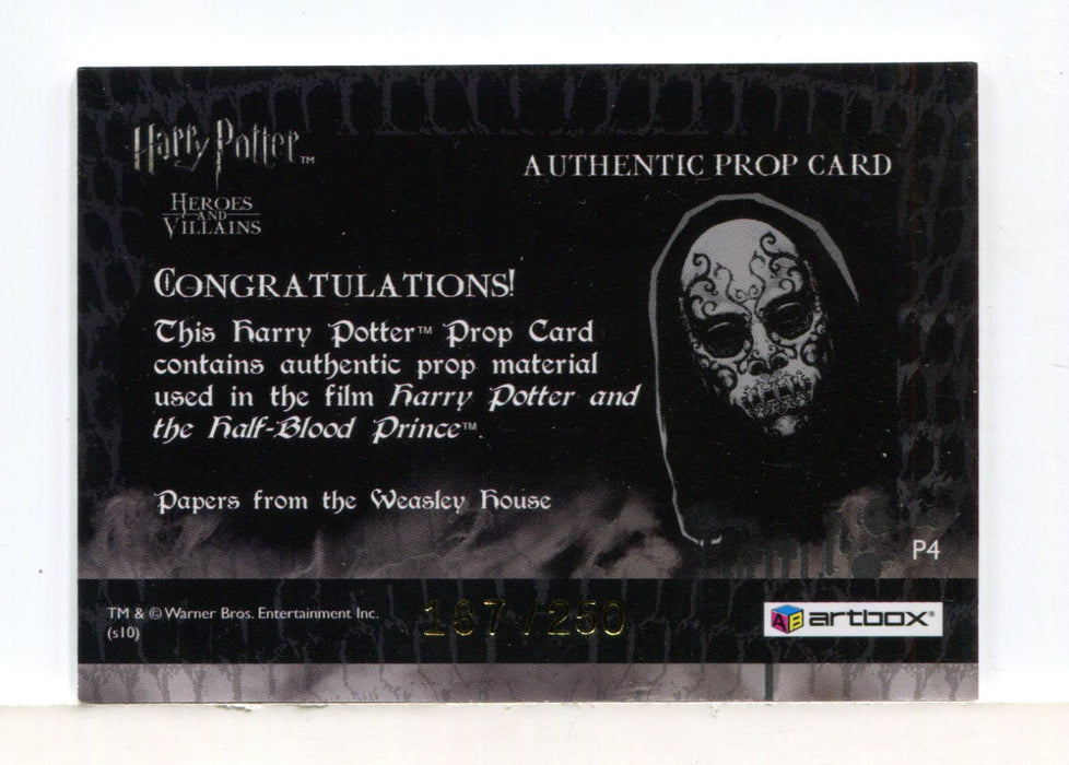 Harry Potter Heroes & Villains Weasley House Papers Prop Card P4 HP #187/250