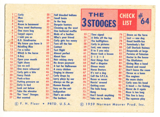1959 Fleer Three Stooges White Back Checklist Card #64 Unmarked - TvMovieCards.com