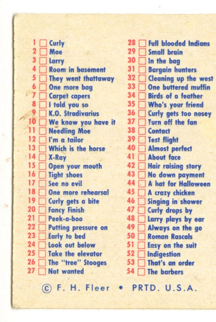 1959 Fleer Three Stooges White Back Checklist Card #64 Unmarked - TvMovieCards.com