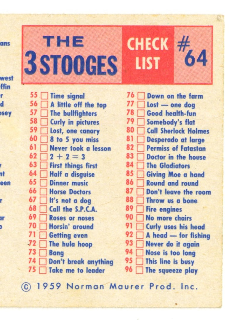 1959 Fleer Three Stooges White Back Checklist Card #64 Unmarked - TvMovieCards.com
