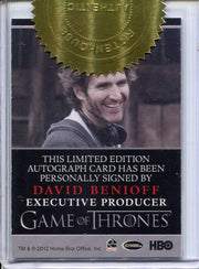 Game of Thrones Season 2 Dealer Incentive David Benioff Autograph Card - TvMovieCards.com