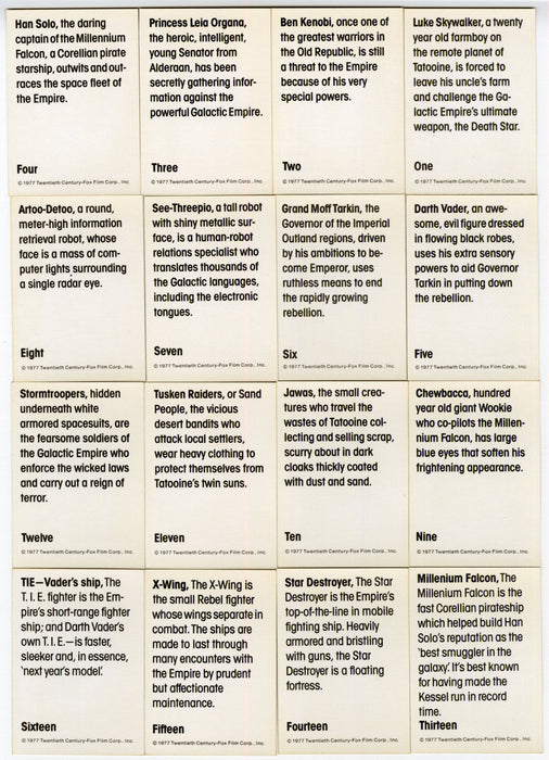 Star Wars 1977 Wonder Bread Vintage Trading Card Set 16 Cards