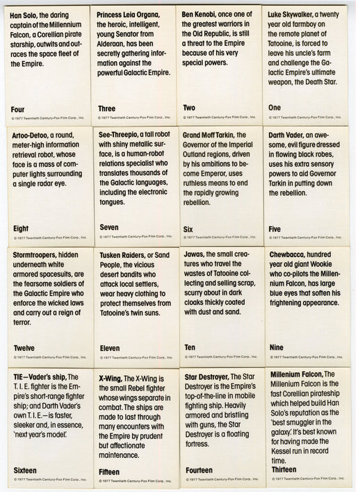 Star Wars 1977 Wonder Bread Vintage Trading Card Set 16 Cards - TvMovieCards.com