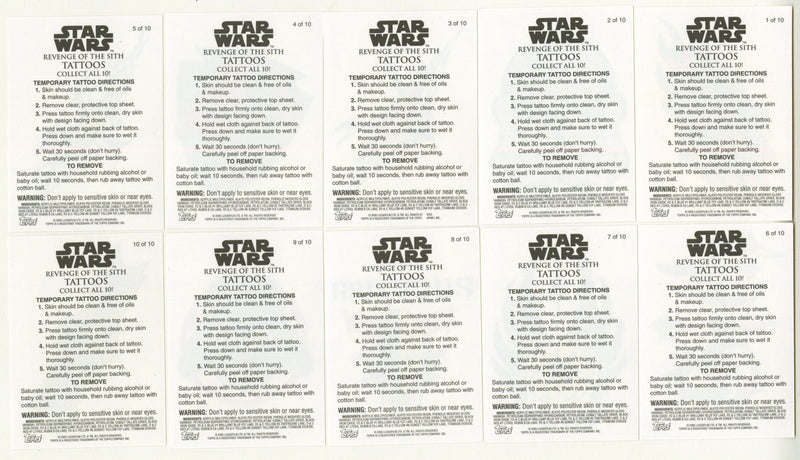 Star Wars Revenge of the Sith Temporary Tattoos Chase Card Set #1-10 Topps - TvMovieCards.com