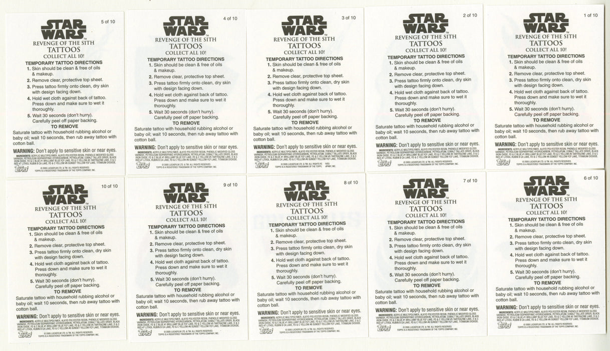Star Wars Revenge of the Sith Temporary Tattoos Chase Card Set #1-10 Topps - TvMovieCards.com