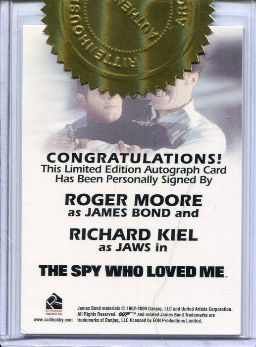 James Bond 50th Anniversary 2 Roger Moore & Richard Kiel Dual Autograph Card - TvMovieCards.com