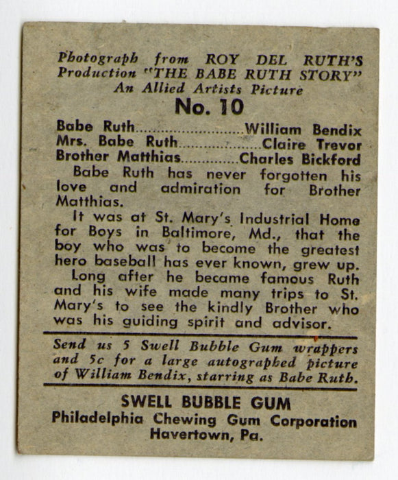 1948 Swell The Babe Ruth Story Trading Card #10 Babe Claire Brother Matthias - TvMovieCards.com