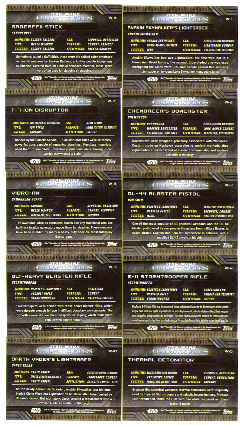 Star Wars Galactic Files Reborn Weapons Chase Card Set W-1 / W-10 - TvMovieCards.com