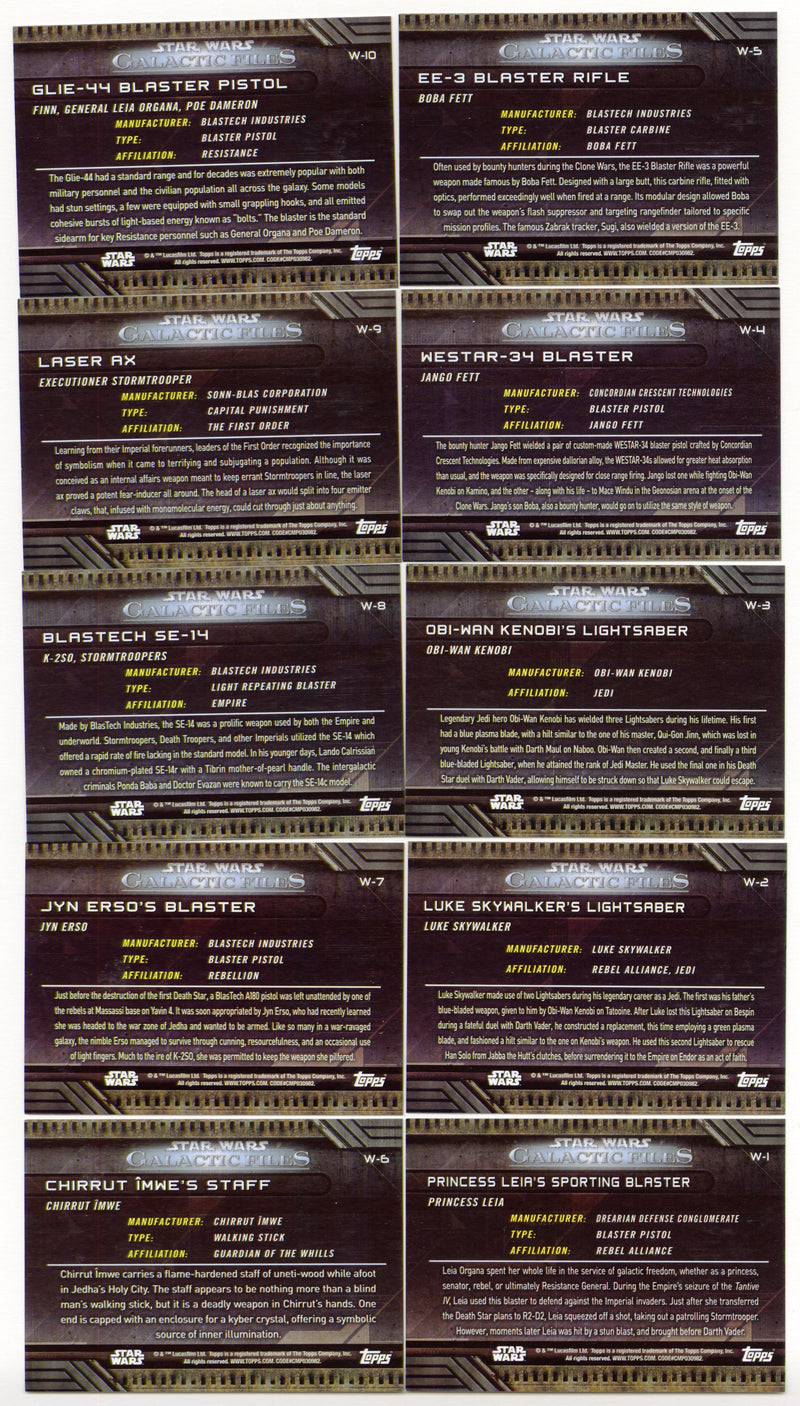 2018 Star Wars Galactic Files Weapons Chase Card Set W-1 / W-10 - TvMovieCards.com