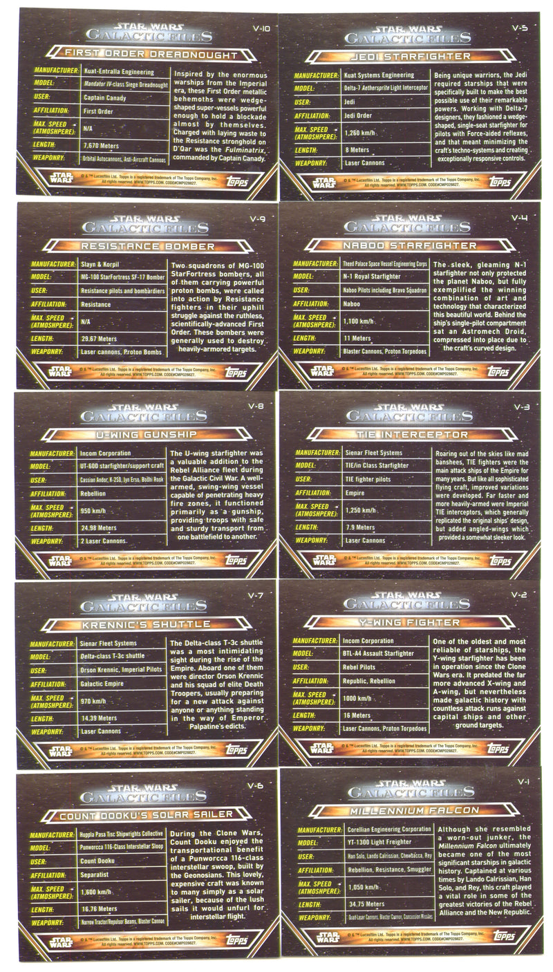 2018 Star Wars Galactic Files Vehicles Chase Card Set V-1 / V-10 - TvMovieCards.com
