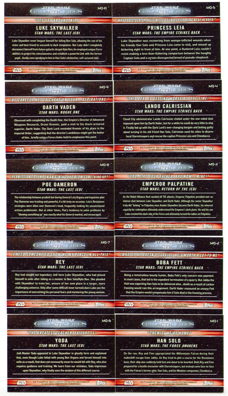 2018 Star Wars Galactic Files Memorable Quotes Chase Card Set MQ-1 / MQ-10 - TvMovieCards.com