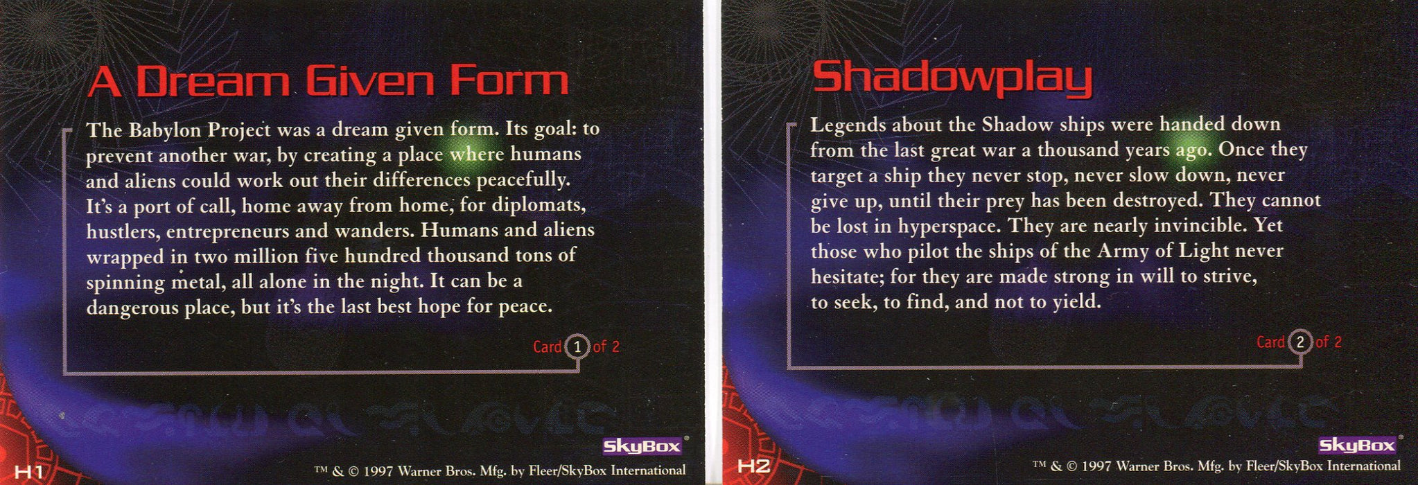 Babylon 5 Special Edition Silver Hologram Chase Card Set H1 and H2