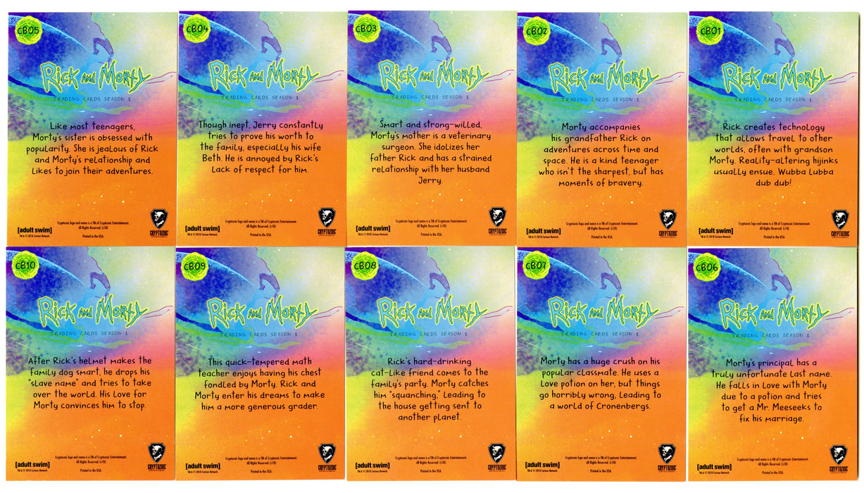 2018 Rick and Morty Season 1 Characters Chase Card Set CB01-CB10 Cryptozoic