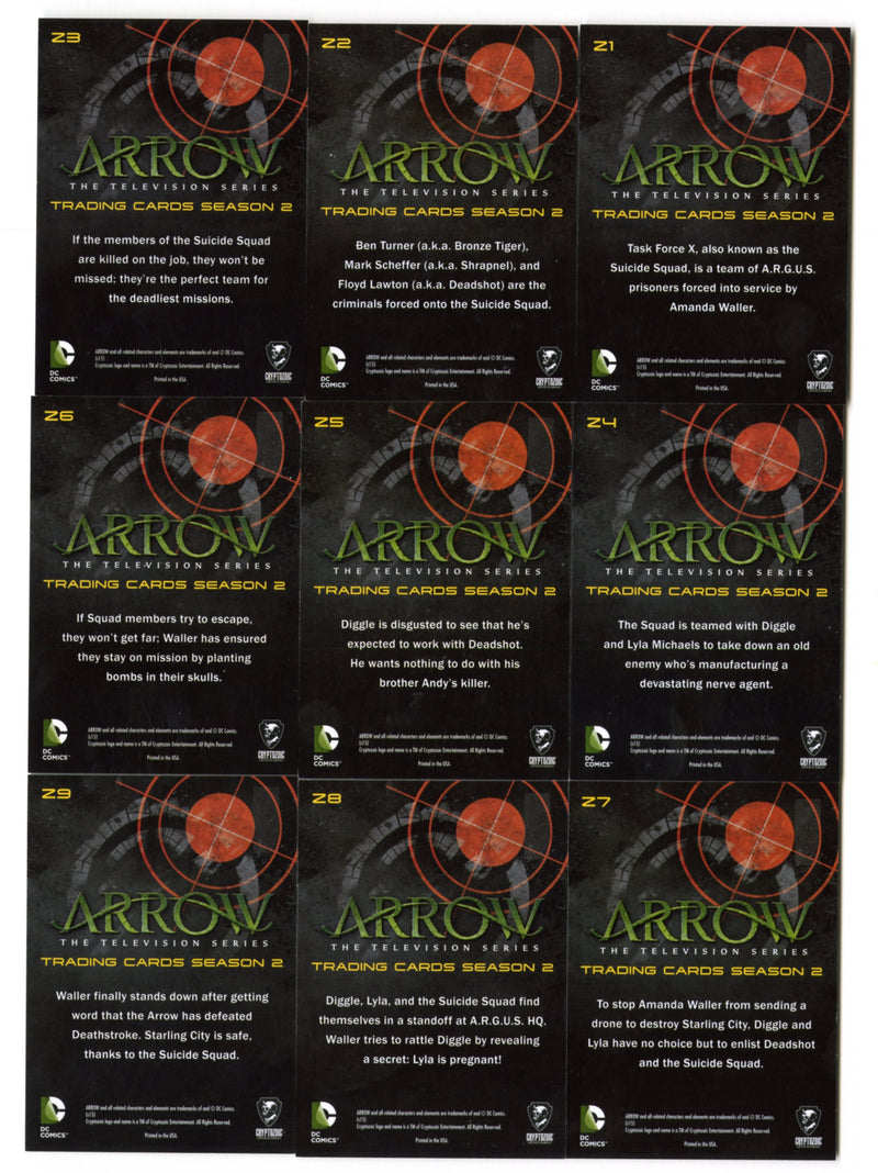 2015 Arrow Season 2 Silver Foil Parallel Suicide Squad Chase Card Set Z1-Z9 - TvMovieCards.com