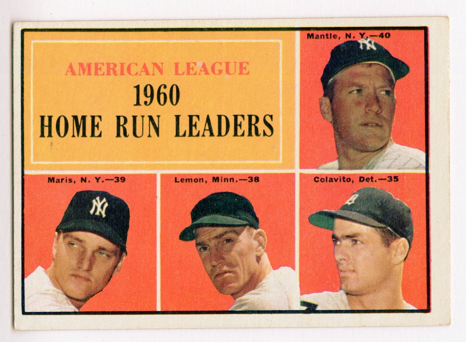 1961 Topps Baseball Card #44 1960 Home Run Leaders Mickey Mantle Maris Lemon