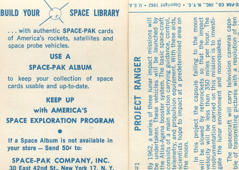 1962 Space-Pak 10 Card Set Space Library Complete NASA The Space Race Vintage - TvMovieCards.com