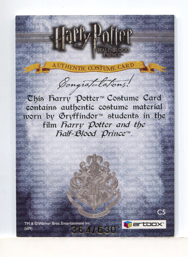 Harry Potter Half Blood Prince Gryffindor Students Costume Card HP C5 #364/630 - TvMovieCards.com