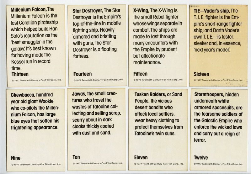 Star Wars 1977 Wonder Bread Vintage Trading Card Set 16 Cards