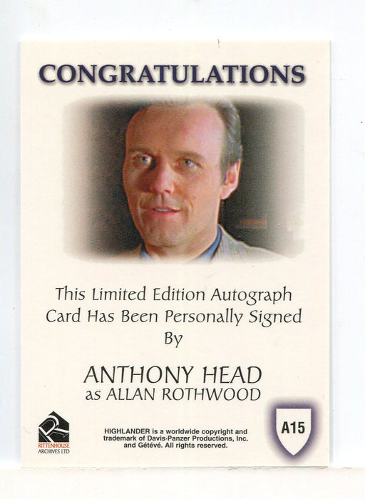 Highlander Complete Anthony Head as Allan Rothwood Autograph Card A15 - TvMovieCards.com