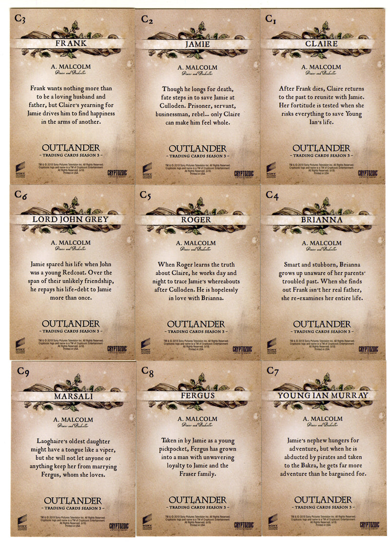 Outlander Season 3 Red Fraser Seal Foil Parallel Character Card Set C1-C9