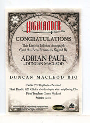 Highlander Adrian Paul as Duncan MacLeod Expansion Autograph Card IA2 - TvMovieCards.com