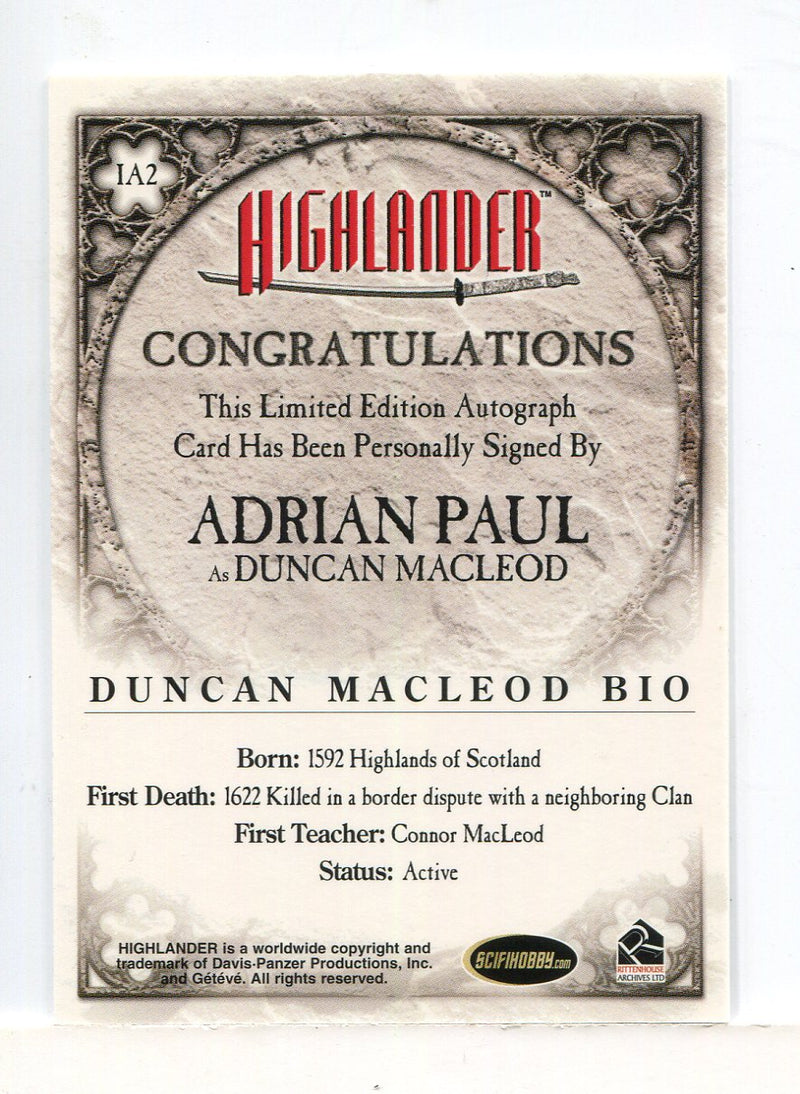 Highlander Adrian Paul as Duncan MacLeod Expansion Autograph Card IA2 - TvMovieCards.com