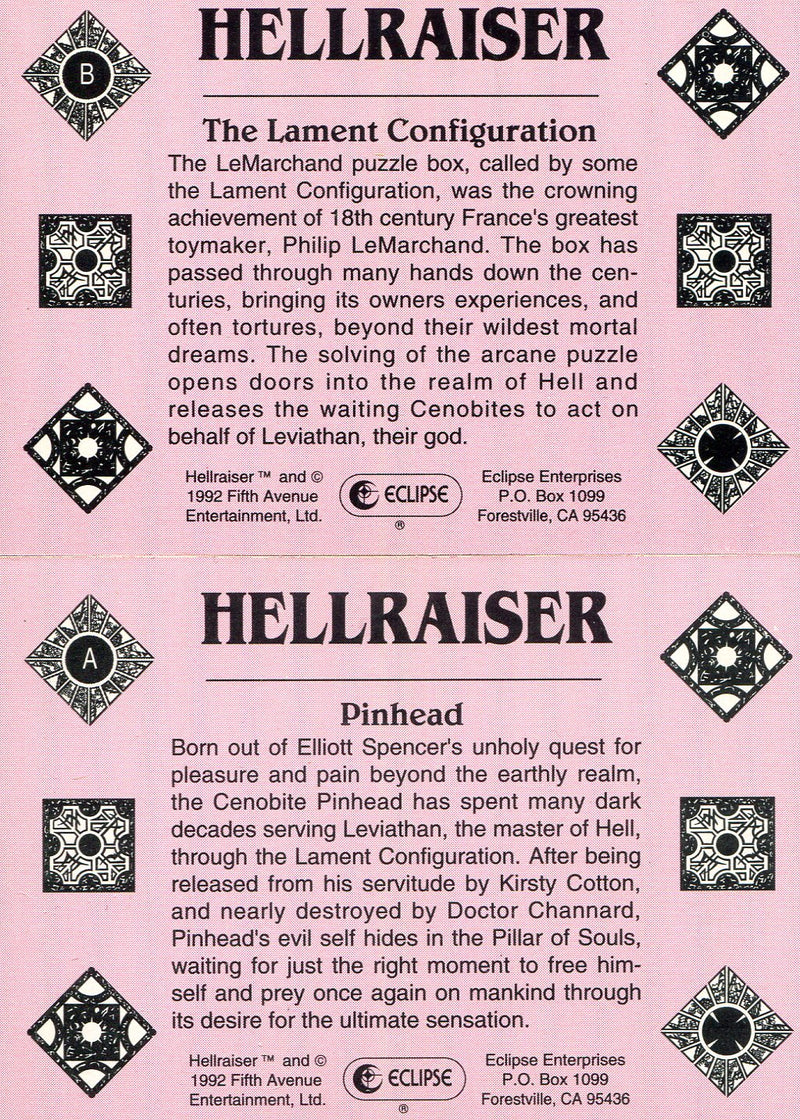 1992 Hellraiser (Horror) Hologram Chase Card Set Hologram A and B Eclipse