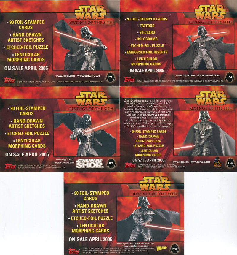 Star Wars Revenge of the Sith Promo Card Set P1 thru P5 Topps 2005
