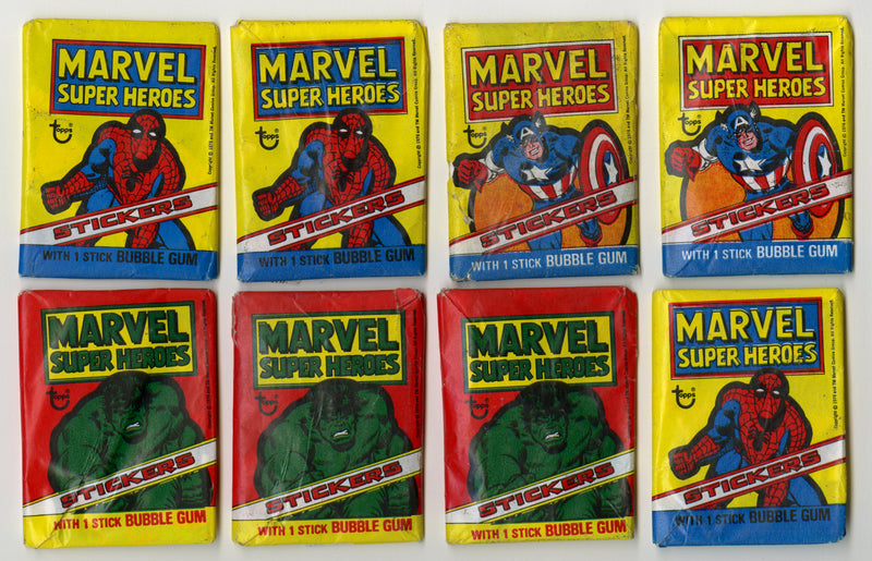 1976 Marvel Super Heroes Sticker Wax Pack Lot of 8 Spiderman Hulk Capt America