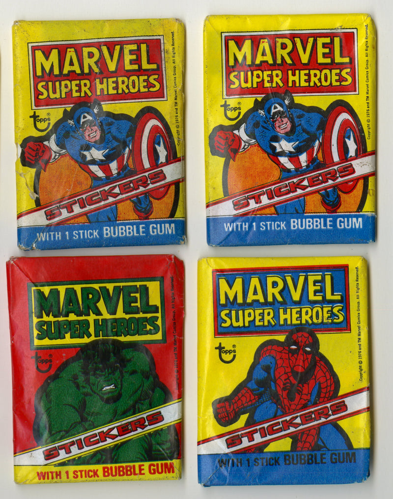 1976 Marvel Super Heroes Sticker Wax Pack Lot of 8 Spiderman Hulk Capt America