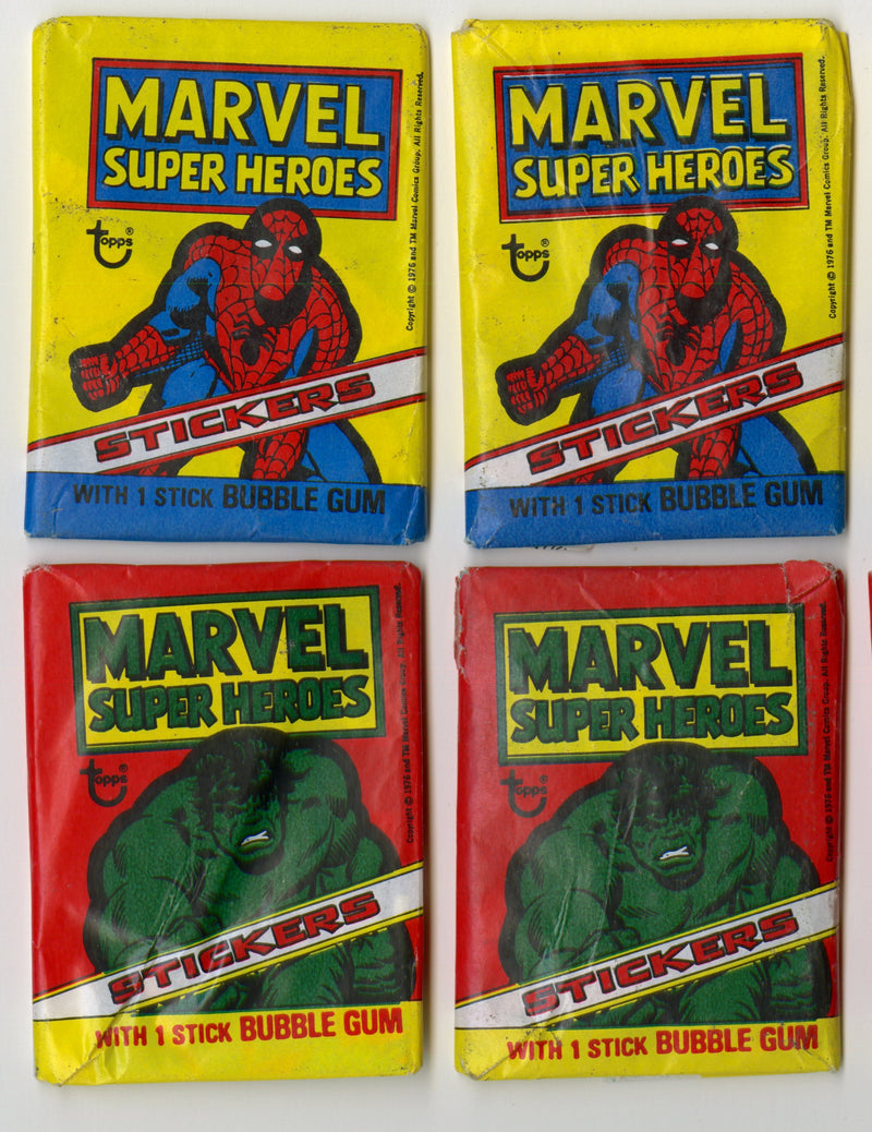 1976 Marvel Super Heroes Sticker Wax Pack Lot of 8 Spiderman Hulk Capt America