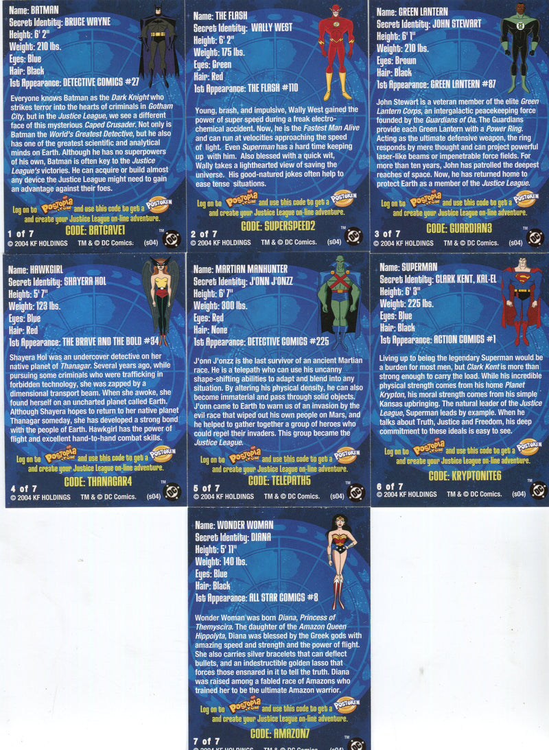 DC Comics Justice League 2004 Post Cereal Chase Card Set 7 Cards Batman Superman