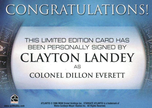 Stargate Atlantis Season Two Clayton Landey as Dillon Everett Autograph Card   - TvMovieCards.com