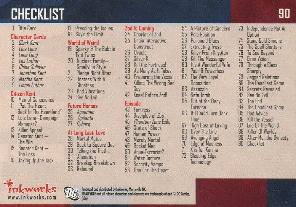Smallville Season 5 Inkworks 2006 Trading Base Card Set 90 cards   - TvMovieCards.com